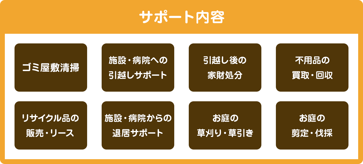 サポート内容 ゴミ屋敷清掃 施設への引越し 引っ越した際の不用品の回収 不用品の買取 リサイクル品販売 草刈り 伐採 庭の整備など
